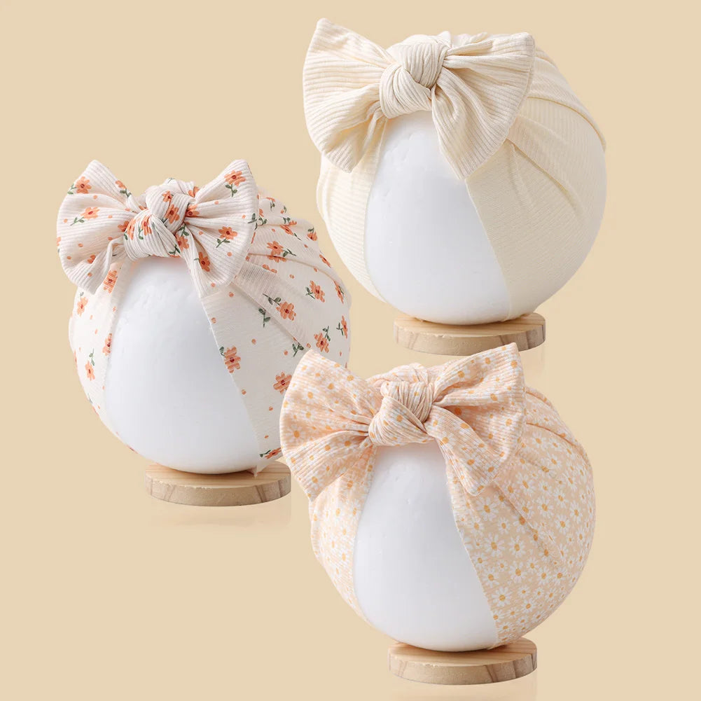 3Pcs/Lot Baby Boys Girls Flower Print Baby India Turban Hats Sweet Hair Bows Topknotted Caps Beanies Ins Bear Heart Headwraps