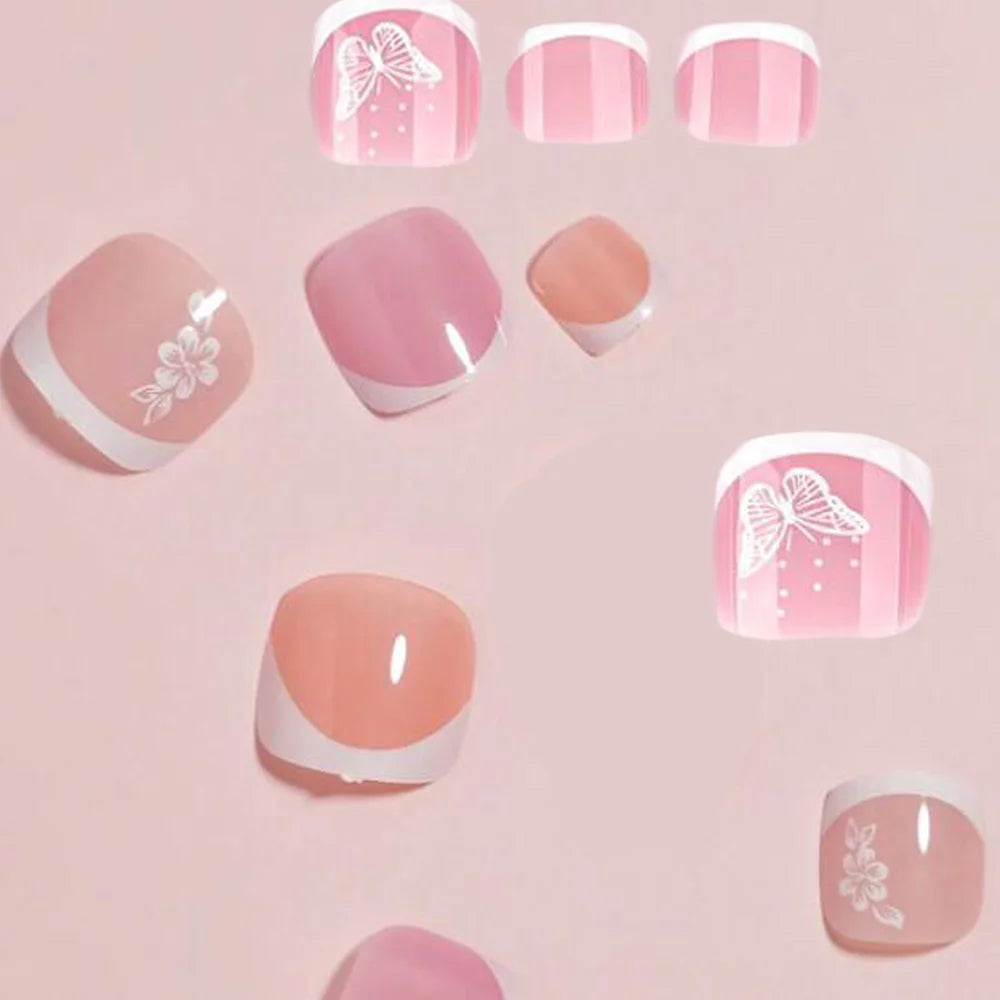 96Pcs/Box French Fake Toenails Butterfly/Flower Design Short Square  Press On Toenail Glossy Full Cover False Toe Nail Extension