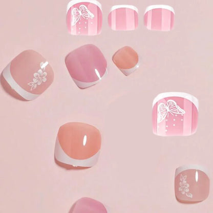 96Pcs/Box French Fake Toenails Butterfly/Flower Design Short Square  Press On Toenail Glossy Full Cover False Toe Nail Extension