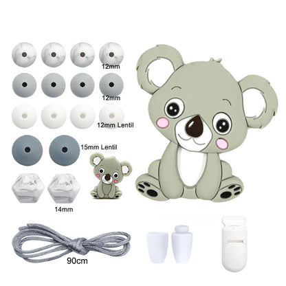LOFCA Silicone Teether Wood Beads Set BPA Free DIY Baby Teething Necklace Toy Cartoon Koala Raccoon Pacifier Chain Clip