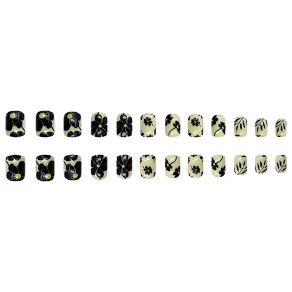 24pcs/set short square fake nails for women girls faux ongles fashion glitter geometric flowers design press on false nail kit
