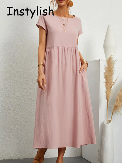 Women Elegant Solid Maxi Dress Summer Short Sleeve O Neck Vintage Harajuku Cotton Linen Loose Sundress Y2K Pockets Long Dress
