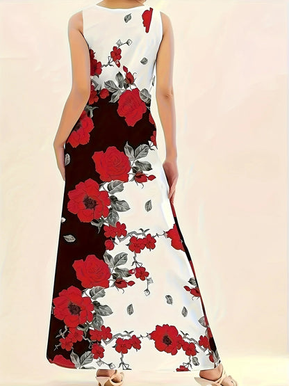 Large size European and American printed sleeveless temperament long dress for women, retro long dress