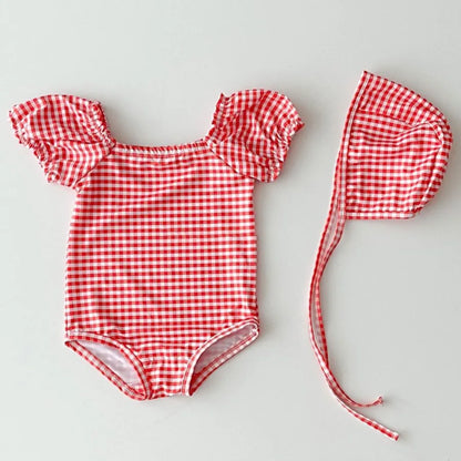 2025 Summer New Baby Girl Long Sleeve Sunscreen Swimsuit Newborn Bodysuit Toddler Girls Heart Print One Piece + Hat