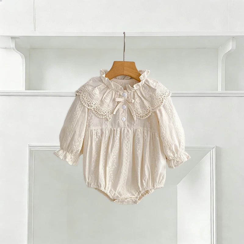0-2Yrs Newborn Bodysuit Spring Autumn Clothes Baby Romper Lapel Collar Princess Bow Romper Long Sleeves Infant Girl Jumpsuit