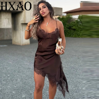 HXAO Slip Womens Dresses Sleeveless Black Lace Dress Woman Asymmetrical Elegant Party Dresses Sexy Backless Satin Yellow Dress