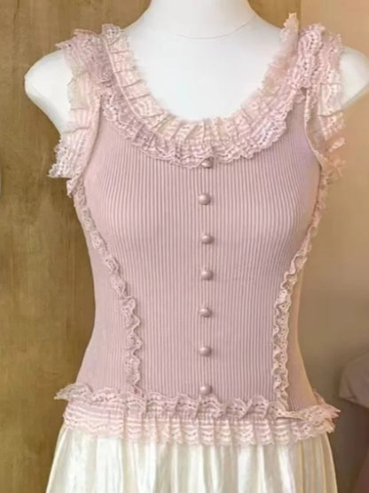 Korean Lace Patchwork Crop Top Women U-Neck Knitted Stretch Tank Top 2025 Summer Female White Lace Stretch Cami