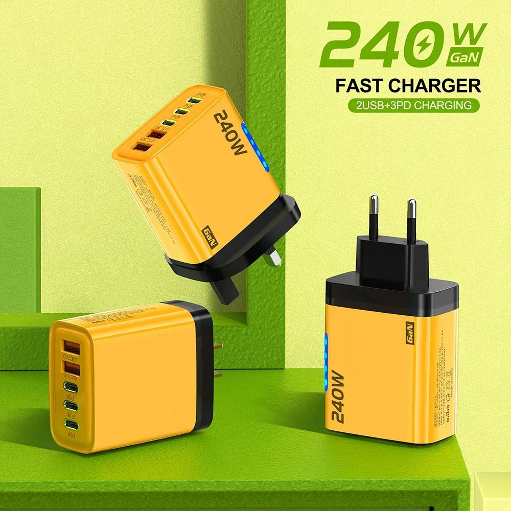 240W 5 Ports USB C PD Charger Quick Charge 3.0 Type C USB Charger Fast Charging Adapter For iPhone Samsung Xiaomi Huawei Tablet