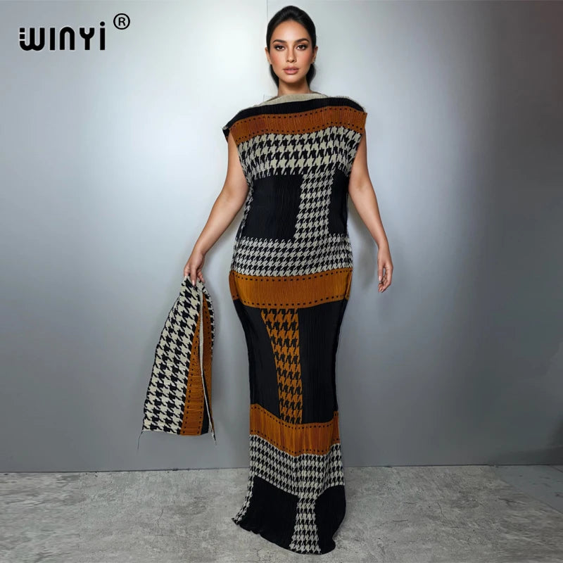 WINYI Pleated elastic slim dress Women crumple Design Pleated luxury abaya muslim party dress poncho for women beach wear kaftan