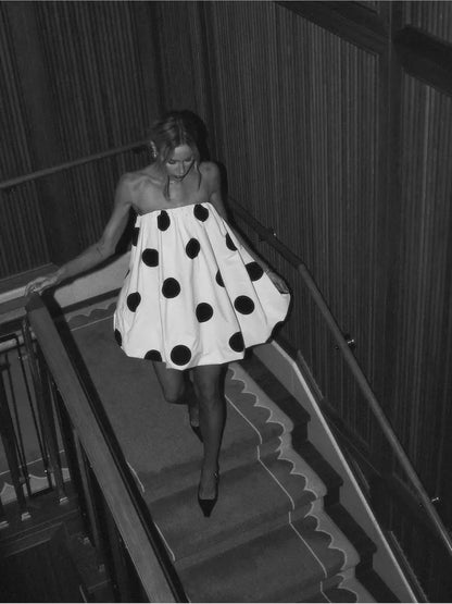 Fashion Polka Dot Dresses Women Summer 2025 Sexy Strapless Sleeveless Mini Vestidos Elegant Classic Pleated Female Party Outfits