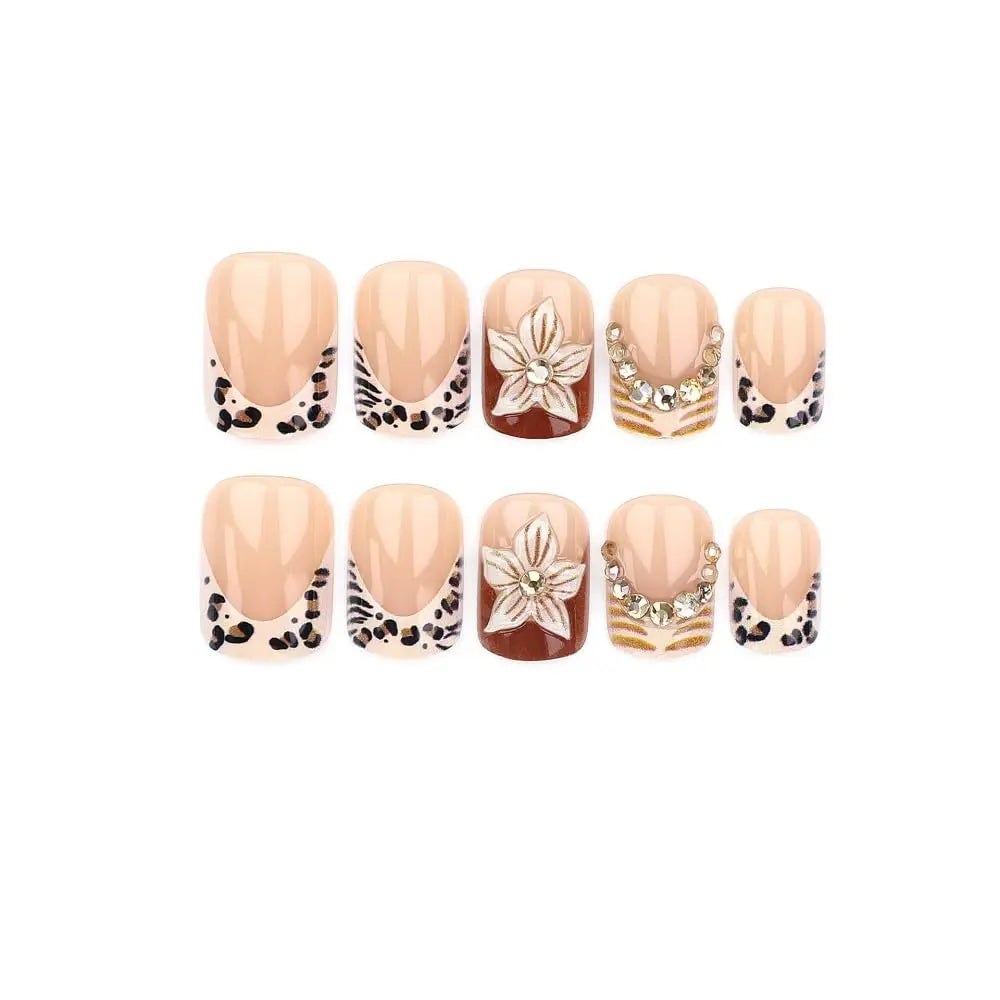 24pcs Leopard Print French False Nail Spicy Girls Flower Brown Short Square Fake Nails with Diamond Design Press on Nails Sets