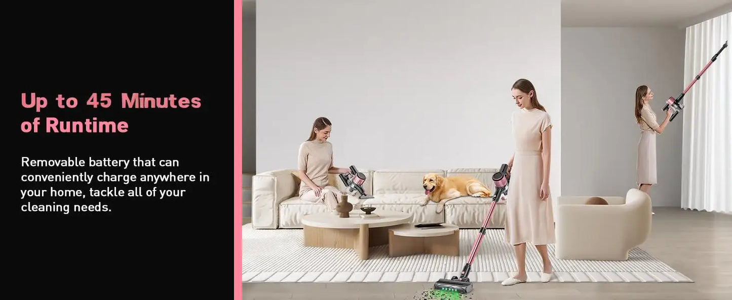 Cordless Vacuum Cleaner, 55Kpa 8 in 1 45Mins Rechargeable 3 Modes Suction Lightweight Vacuum for Pet Hair/Carpet/Hard Floor