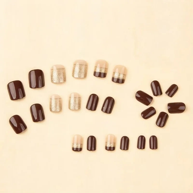 24pcs/set short square fake nails for women girls faux ongles fashion glitter geometric flowers design press on false nail kit