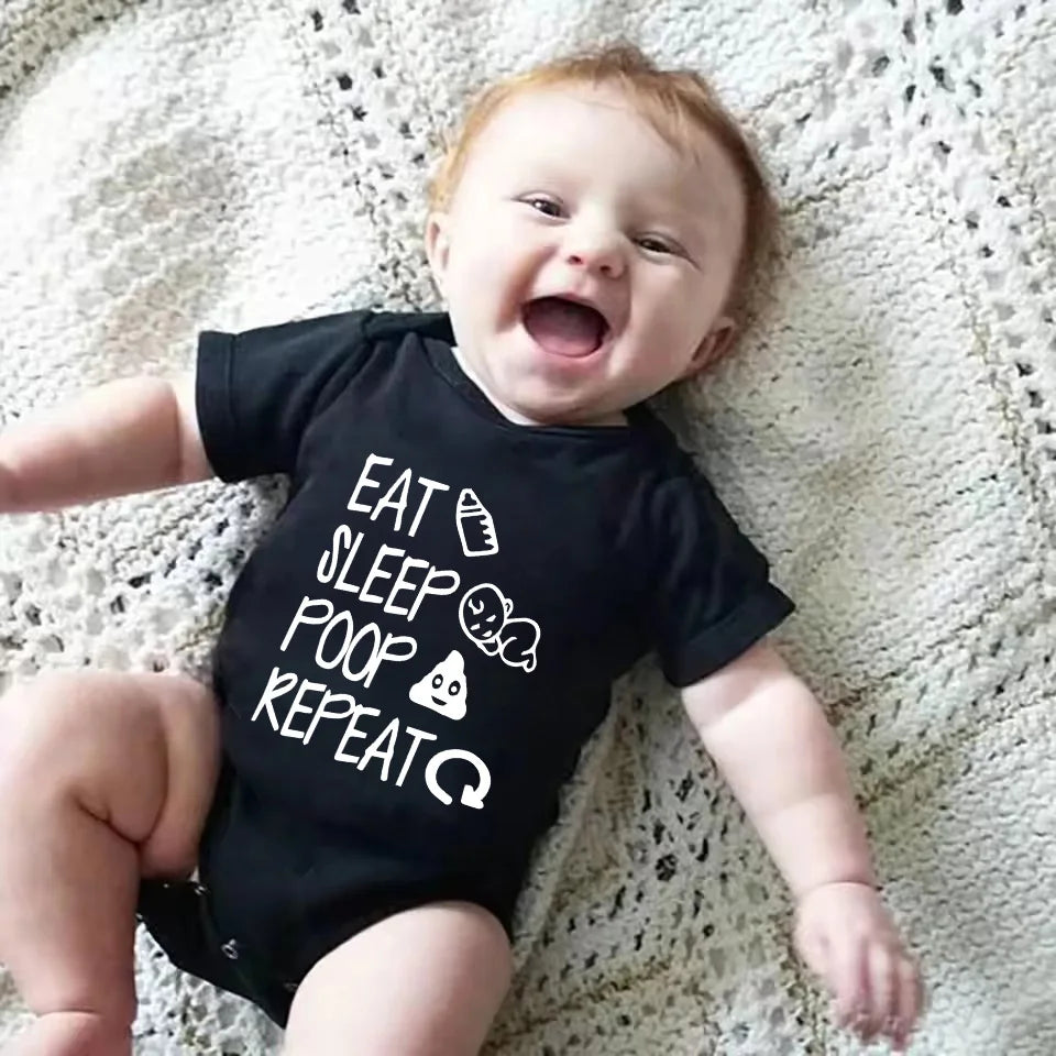 Funny Eat Sleep Poop Repeat Letter Printed Newborn Baby Romper Infant Short Sleeve Baby Body Clothes Boy Girl BodySuit 0-24M