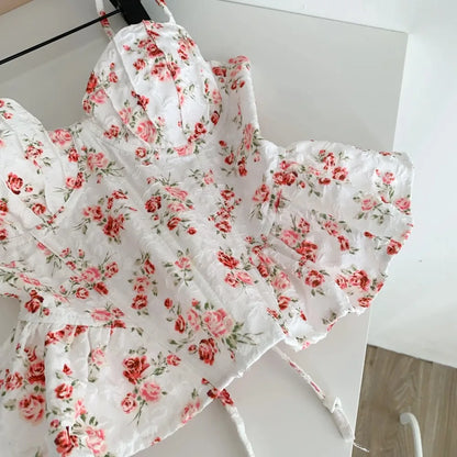 Sexy Slim  Corset ruffle print Chic Korean Camis Tank Top Basic Fashion Off Shoulder Summer Women Clothing
