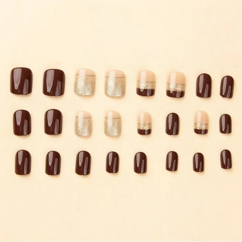24pcs/set short square fake nails for women girls faux ongles fashion glitter geometric flowers design press on false nail kit