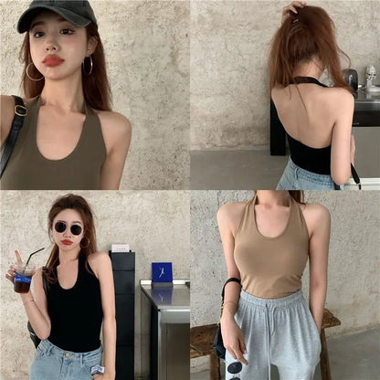 Halter Spaghetti Straps Vest for Women With Bra Padding Inner Wear Outer Wear Sexy Beauty Back Tanks Top