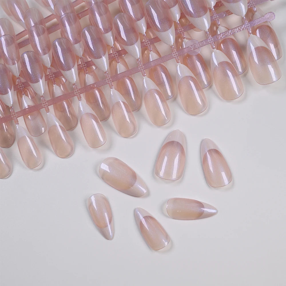 120pcs French Pearlescent Fake Nails Short Almond Full Cover Press On Nail White Edge Design 12Sizes Pink French-False Nail Tips