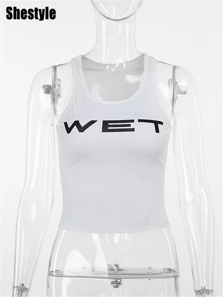 Shestyle Transparent White Crop Top Women 2024 Autumn Sleeveless Wet Letter Print Super Stars Same Style Tank Theatrical Costume