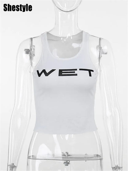 Shestyle Transparent White Crop Top Women 2024 Autumn Sleeveless Wet Letter Print Super Stars Same Style Tank Theatrical Costume