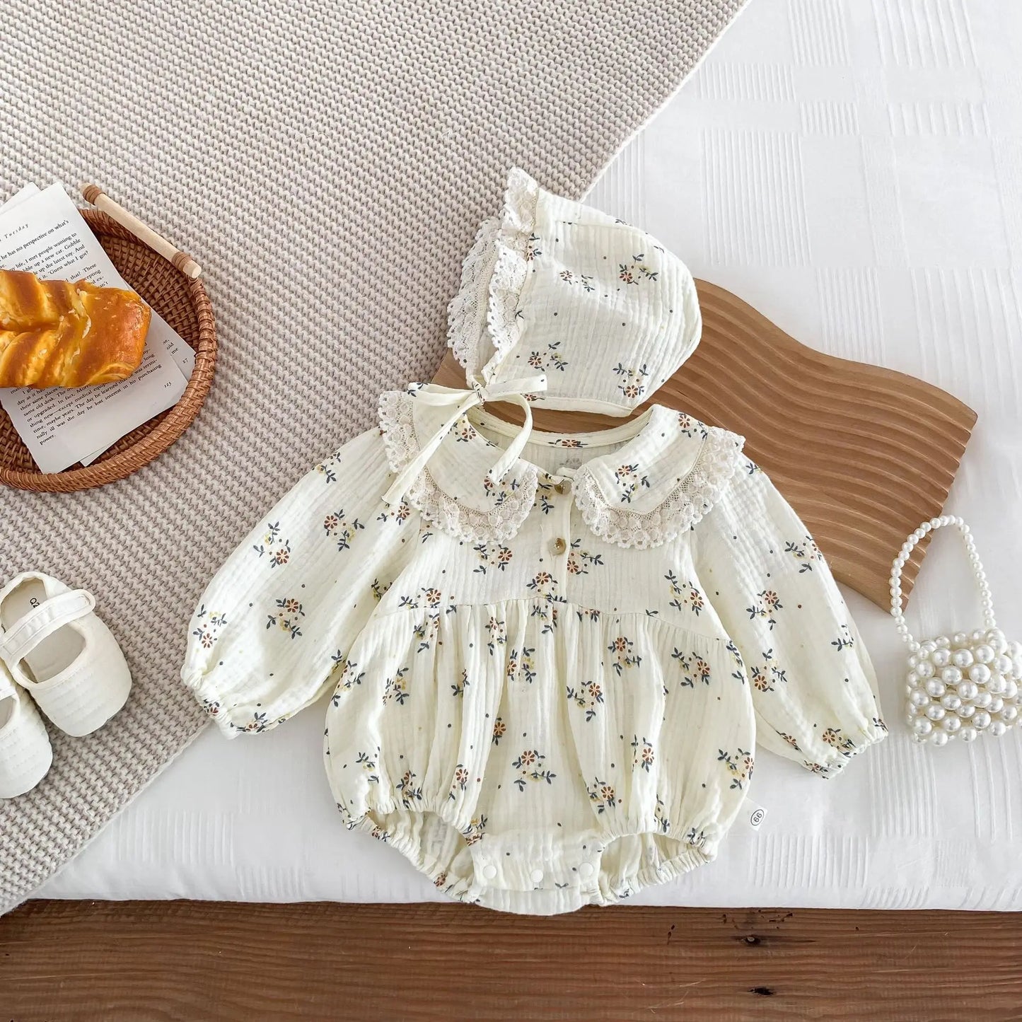 2025 Spring Newborn Infant Baby Girls Romper+Hat 2PCS Lapel Floral Rompers Kids Fashion Baby Clothing Newborn Baby Girl Jumpsuit