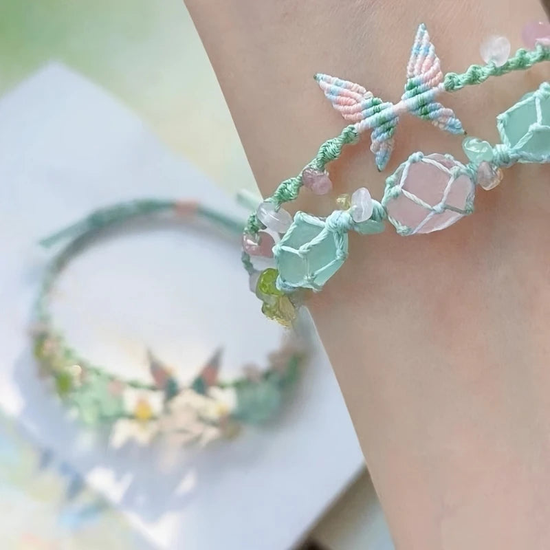 Fashion Crystal Adjustable Bracelets Women DIY Raw Stone Weaving Hand Rope Osmanthus Fluorite Bracelet Party Jewelry Gifts