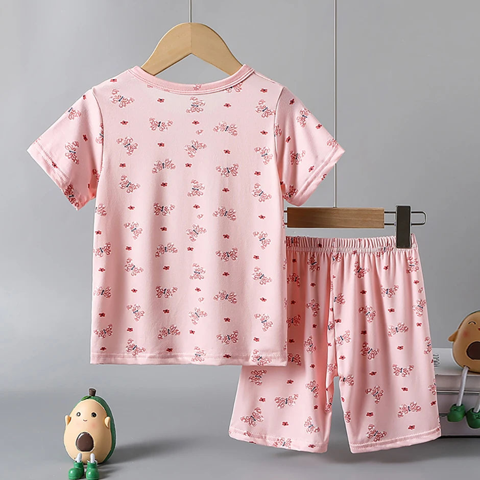 2-piece children's summer cute cartoon printed short sleeved shorts set for boys and girls casual and comfortable T-shirt shorts