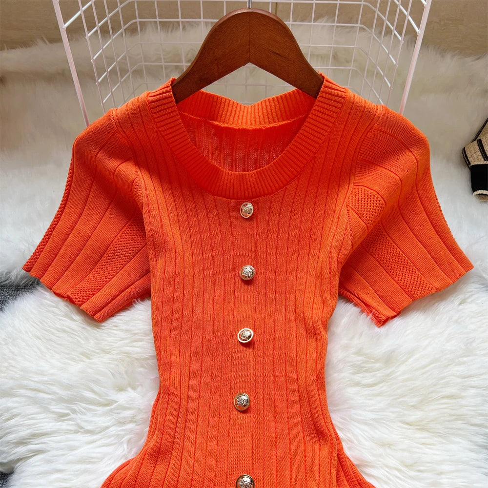 YuooMuoo 2026 Summer Women Knitted Long Dress Brand Fashion O-neck Buttons Bodycon Sweater Dress Elegant Lady Office Vestidos