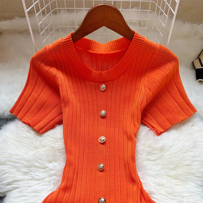 YuooMuoo 2026 Summer Women Knitted Long Dress Brand Fashion O-neck Buttons Bodycon Sweater Dress Elegant Lady Office Vestidos