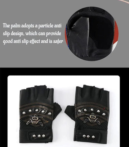 Pirate Captain PU Leather Fingerless Gloves Men Women Skulls Rivet Mitts Hip Hop Gym Gloves Female Moto Half Finger Gloves