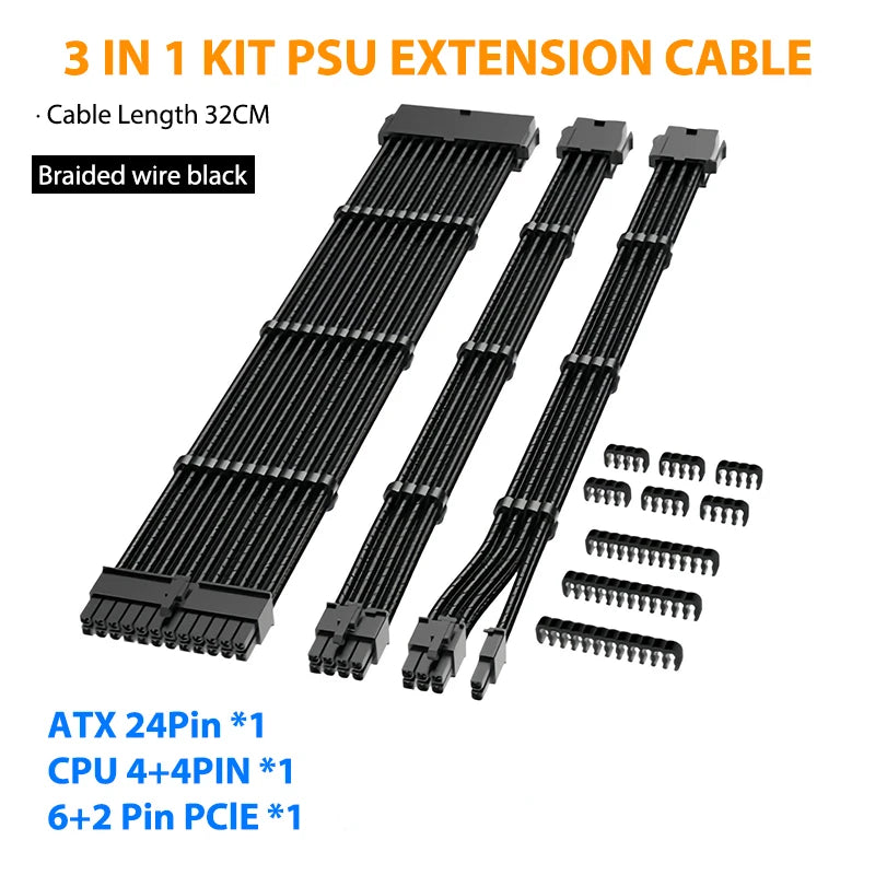 PSU Extension Cable Motherboard Cable 24Pin ATX/8Pin EPS/6+2Pin PCIe,18AWG Sleeved with Combs,Fit Universal Case Compatibility