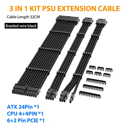 PSU Extension Cable Motherboard Cable 24Pin ATX/8Pin EPS/6+2Pin PCIe,18AWG Sleeved with Combs,Fit Universal Case Compatibility