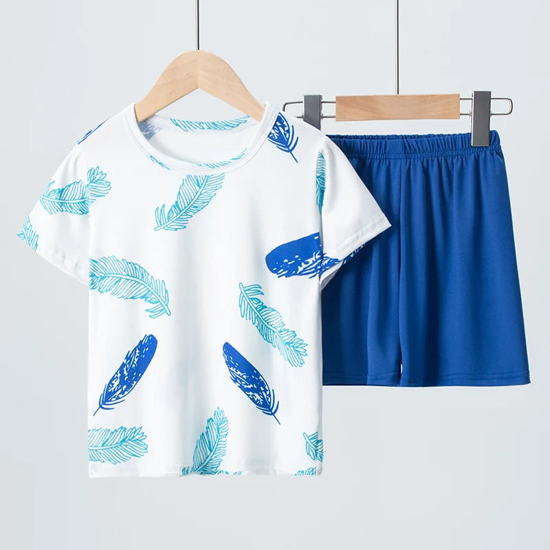 2-piece children's summer cute cartoon printed short sleeved shorts set for boys and girls casual and comfortable T-shirt shorts