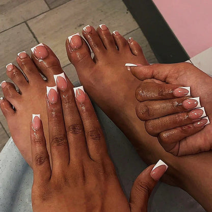 48pcs French black border hand and foot armour Glossy fake toenails fully covered with nude spring break toenails for women's na