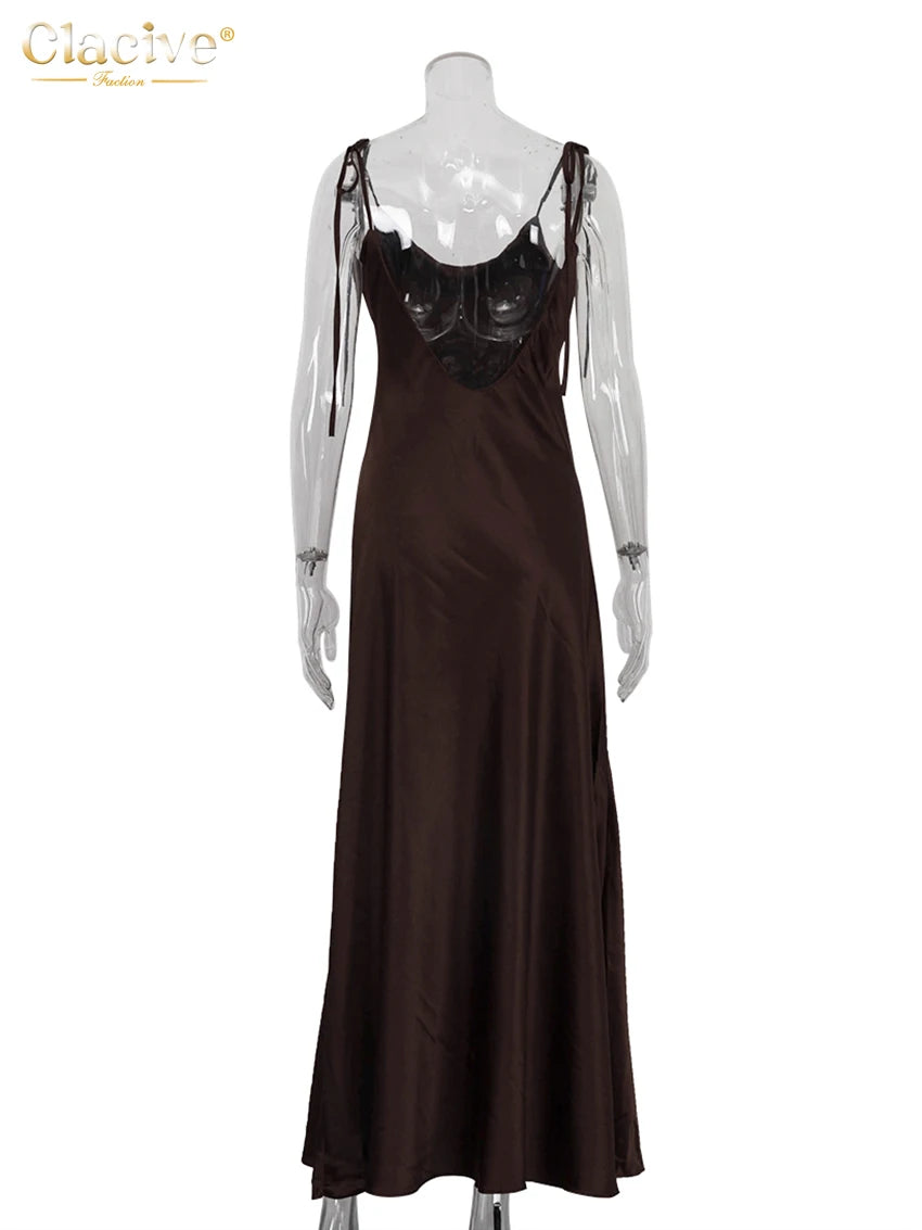 Clacive Fashion Loose Brown Satin Womens Dresses 2025 Summer Strap Sleeveless Floor Length Dress Sexy Backless Female Dress