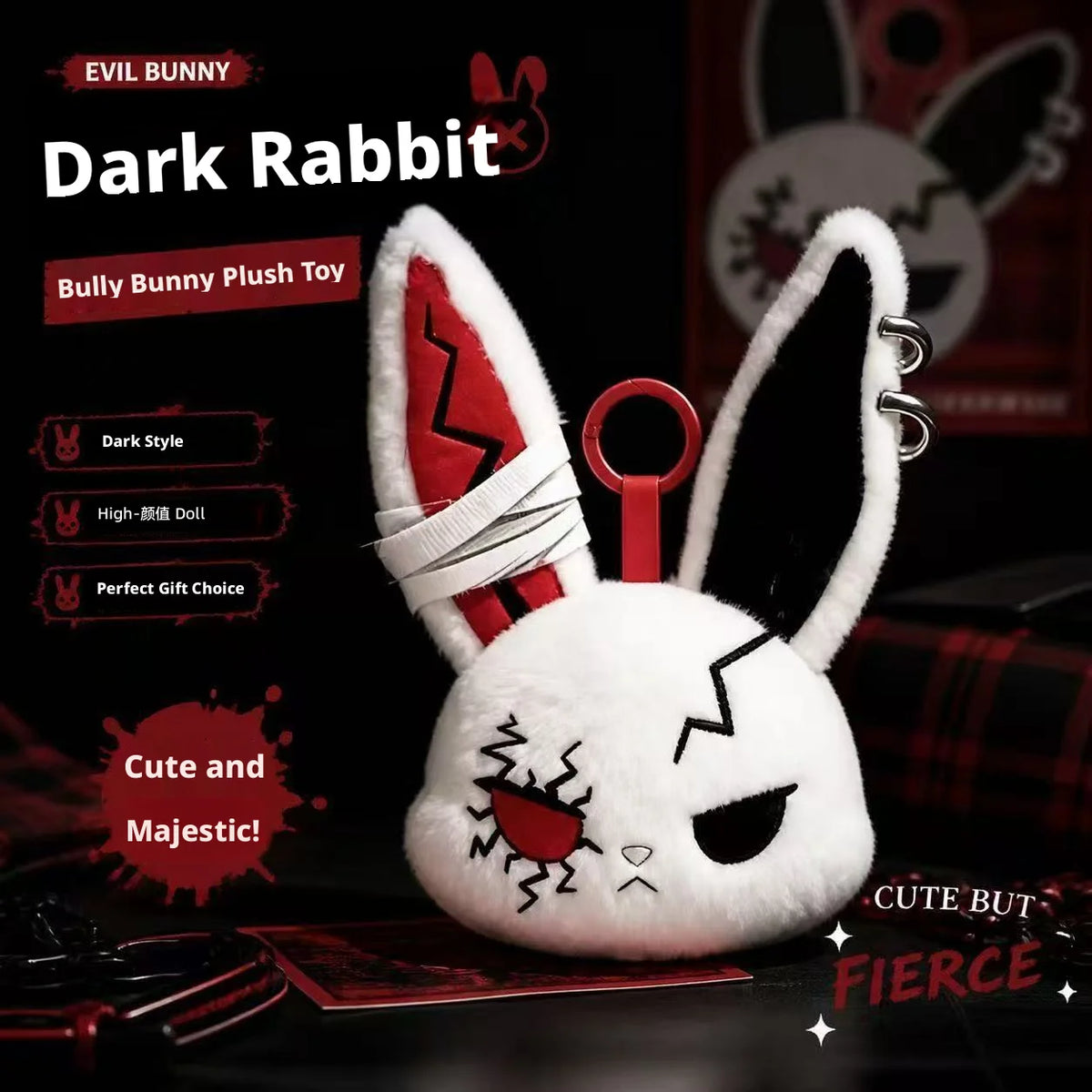 Hot Gothic Bunny Plush Keychain RabbitBag Charm with Bandage Desian Kawaii Key Ring Pendant Car Bag Ornament  Gift To
