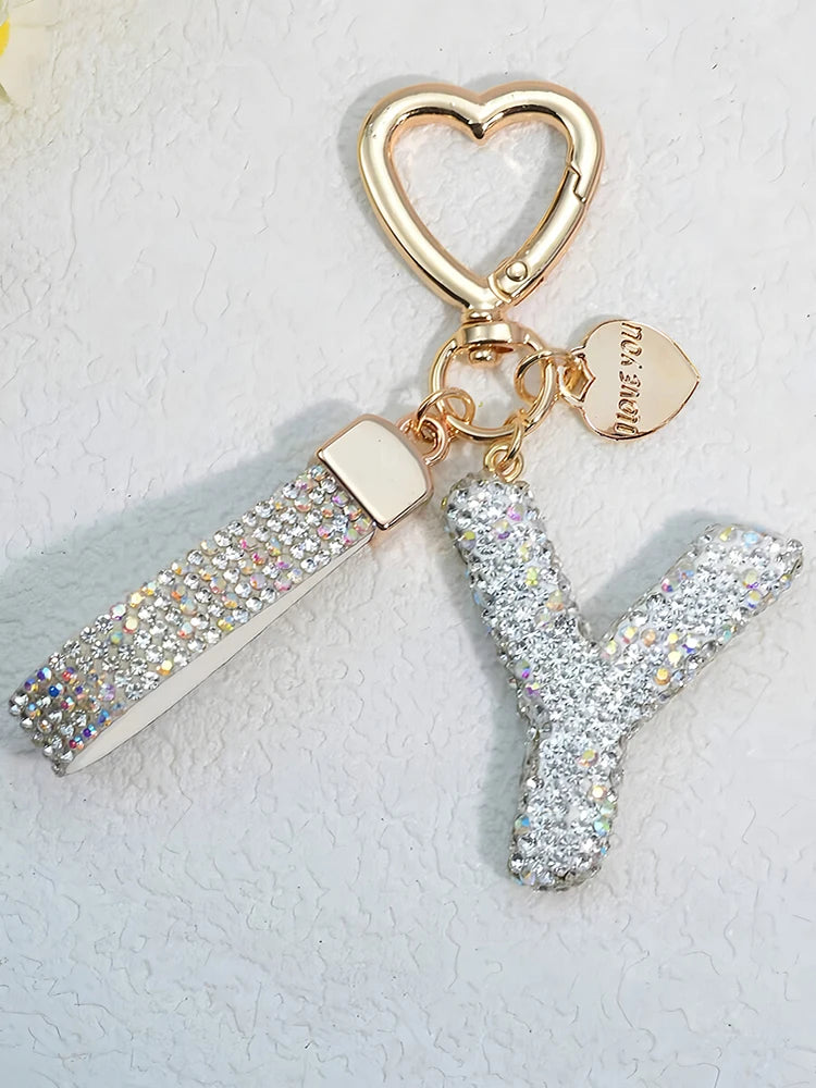 Shining Diamond Inlay 26 English Initial letter Key Chain Car High-end Key Ring Lady Bag Delicate Pendant Thanksgiving Gifts