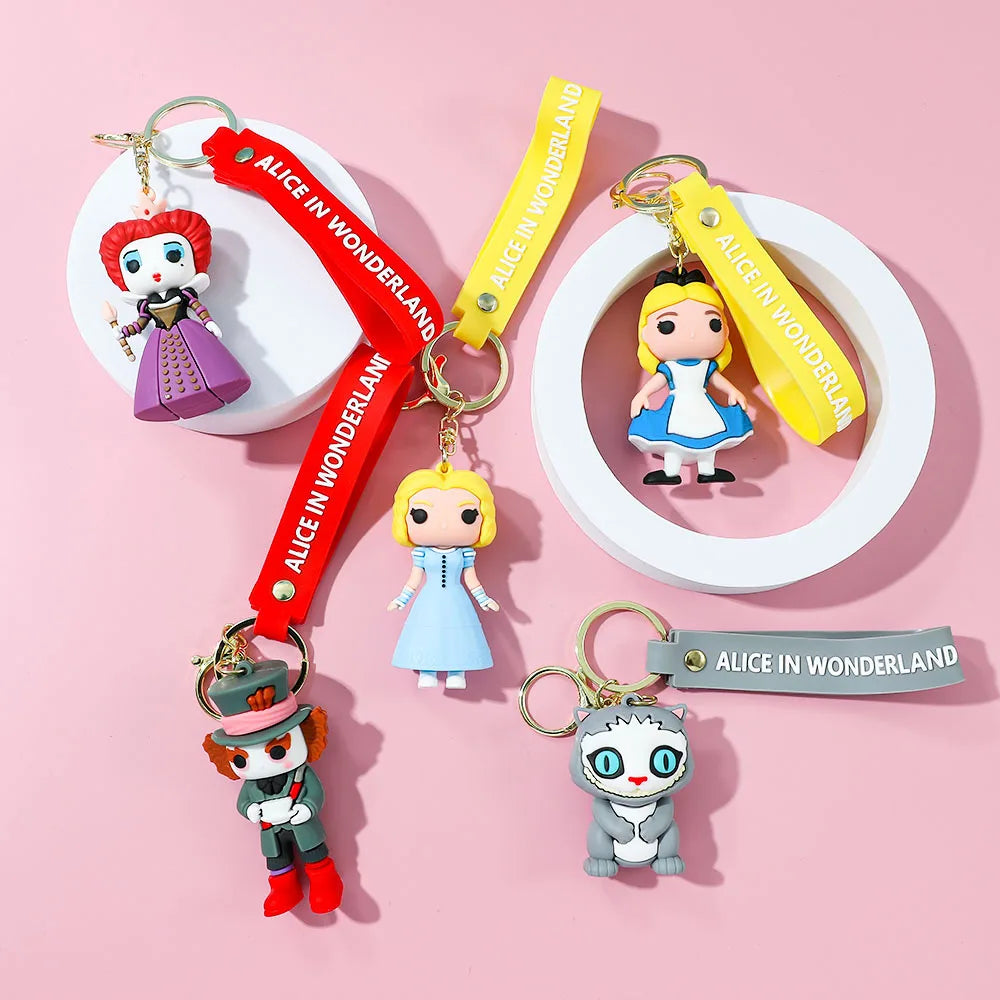 Alice in Wonderland Silicone Keychain Lovely 3D Anime Film Figure Key Chain Keyrings Backpack Bag Car Accessories Gift