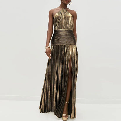 Gold Sexy Halter High Split Gowns Evening Dress Woman Chic Solid Hollow Pleated Long Dress Spring Summer Backless Zip Maxi Dress