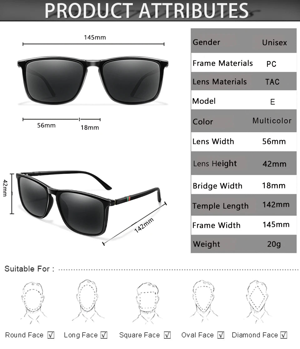 Men Women Fashion Cycling Sun Glasses  Travel Driving Fishing Male Eyewear UV400 Luxury Square Vintage Polarized Sunglasses
