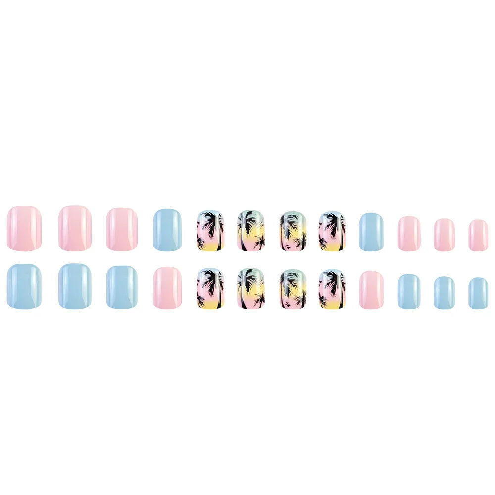 24pcs/set short square fake nails for women girls faux ongles fashion glitter geometric flowers design press on false nail kit