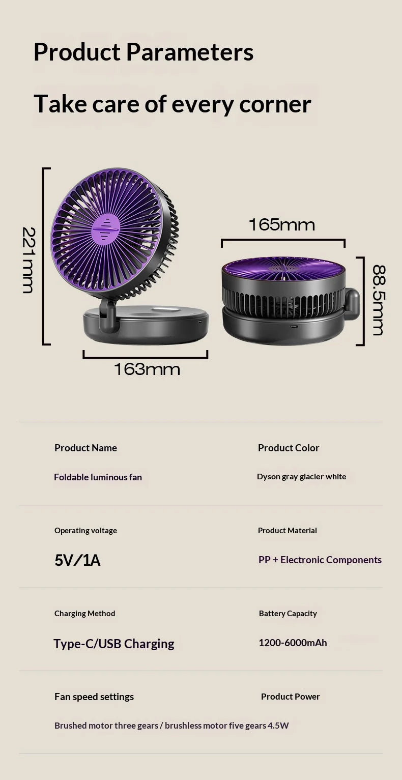5000mAh Foldable Glow-in-the-Dark Fan Wall Mount Portable Quiet High-Speed Air Circulation Fan for Students Office Desk Fan
