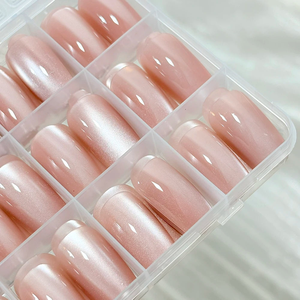 144Pcs/Box Nude Pink Cat's Eye Press On Nails Glossy Short Round Head Fake Nail Detachable Full Cover False Nailtip DIY Manicure