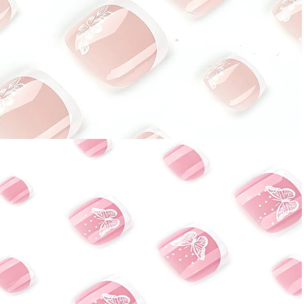 96Pcs/Box French Fake Toenails Butterfly/Flower Design Short Square  Press On Toenail Glossy Full Cover False Toe Nail Extension