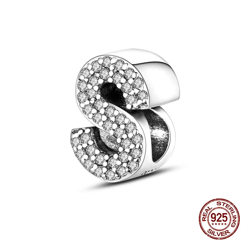 Original 925 Sterling Silver 26 Alphabet Letters Sparkling Zircon Charms Pendant Beads For Women Fine DIY Birthday Jewelry Gifts