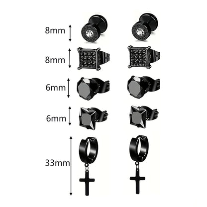 5 Pairs Stainless Steel Earrings Cross Dangle Hinged Earrings, Cubic Zirconia Stud Earrings For Men, Ear Piercing Jewelry