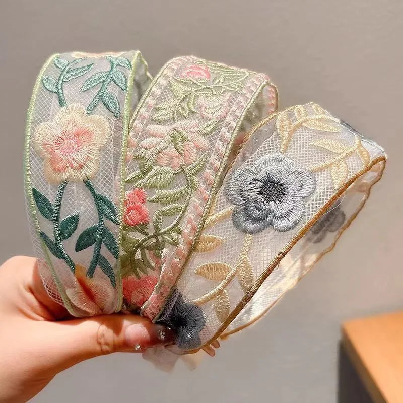 1/3pcs Elegant Chiffon Embroidery Flower Hairband – Sweet Floral Headband Turban Hoop for Women Fashion Hair Accessories