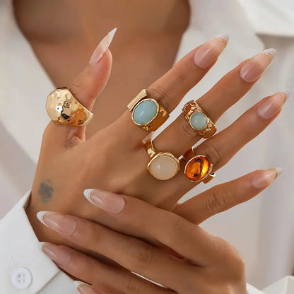 Ingemark 5Pcs/Set Retro Gold Color Irregular Metal Ring for Women Bohemian Open Adjustable Wide Ring Aesthetic Y2K Jewelry Gift