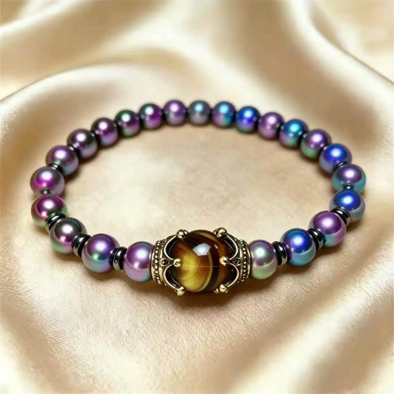 Men's Stylish Natural Stone Bracelet Vintage Crown Symbol of Power Hematite Beads Gift for Friends Natural Tiger Eye beads