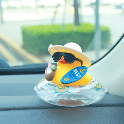 Cool Summer Duck Car Dashboard Decor, Rubber Duck with Swim Ring & Sunglasses, Cute Beach-Themed Ornament for Car Interior Gifts